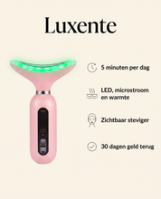 Luxente SkinLift™ – USP overzicht: 5 minuten per dag, LED microstroom warmte, zichtbaar steviger, 30 dagen geld terug