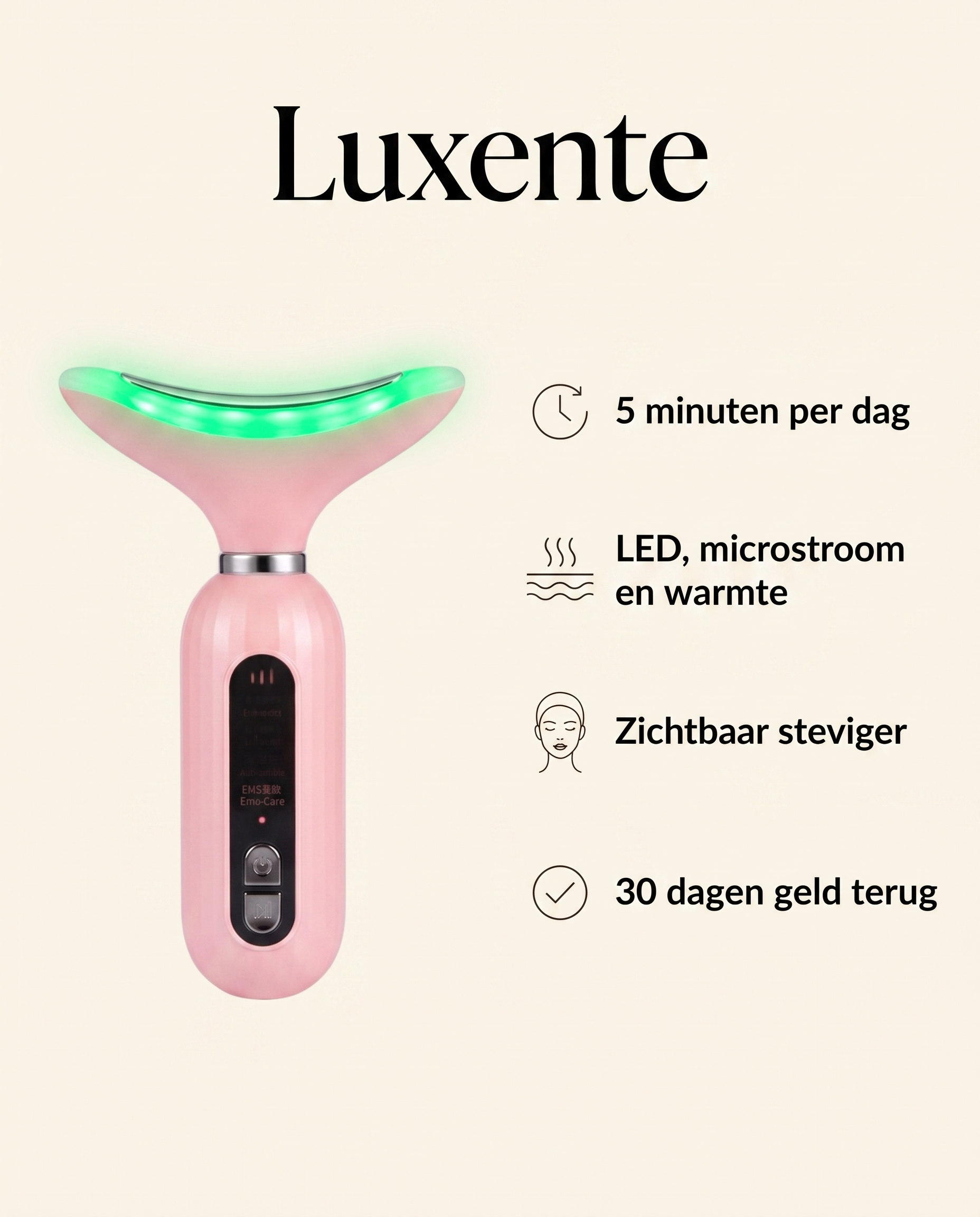 Luxente SkinLift™ – USP overzicht: 5 minuten per dag, LED microstroom warmte, zichtbaar steviger, 30 dagen geld terug
